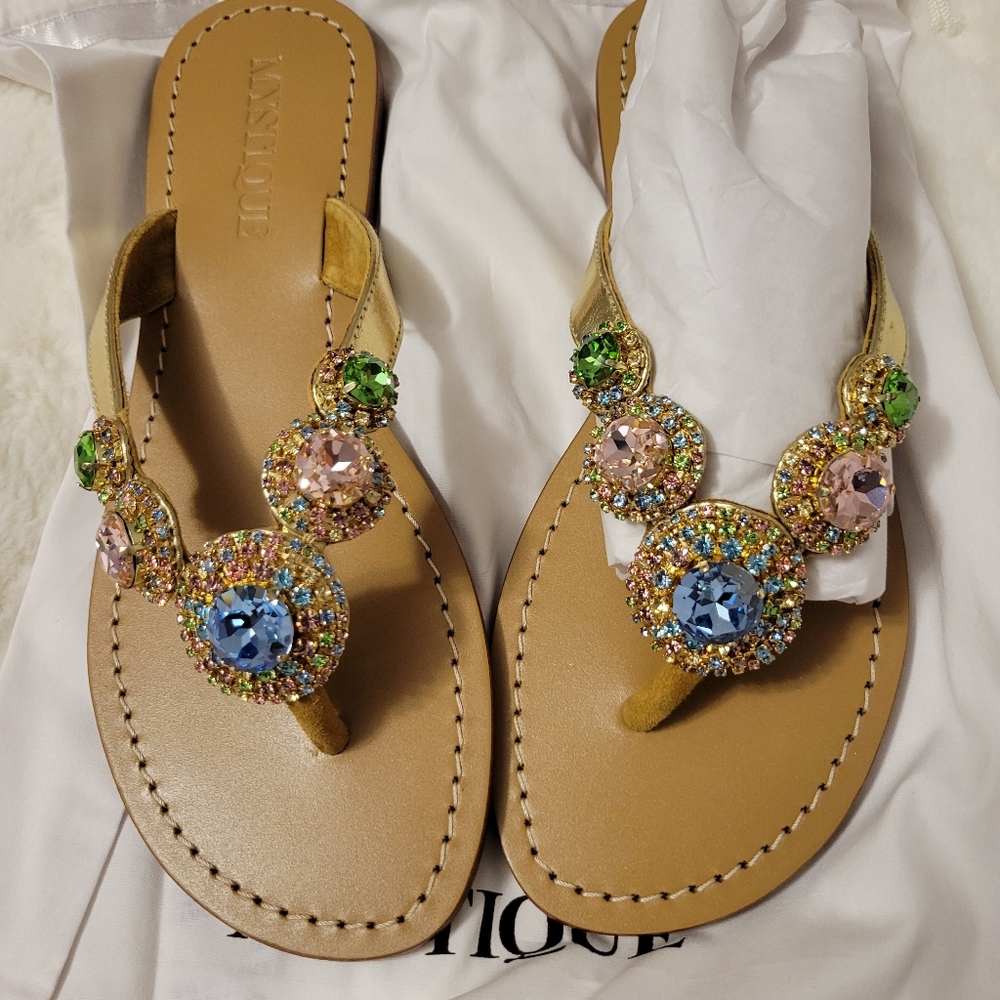 Mystique Boutique Gold T-Strap Sandals with Multicolor Gem Accents Size 10 - Picture 2 of 5